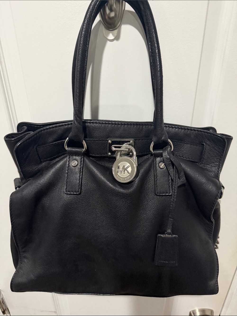 Michael Kors Black Leather Shoulder Tote with Signature Charm